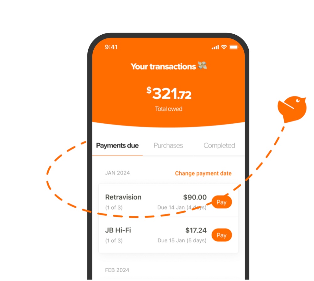 The humm app – 'Your transactions' screen showing total owed and payments due.