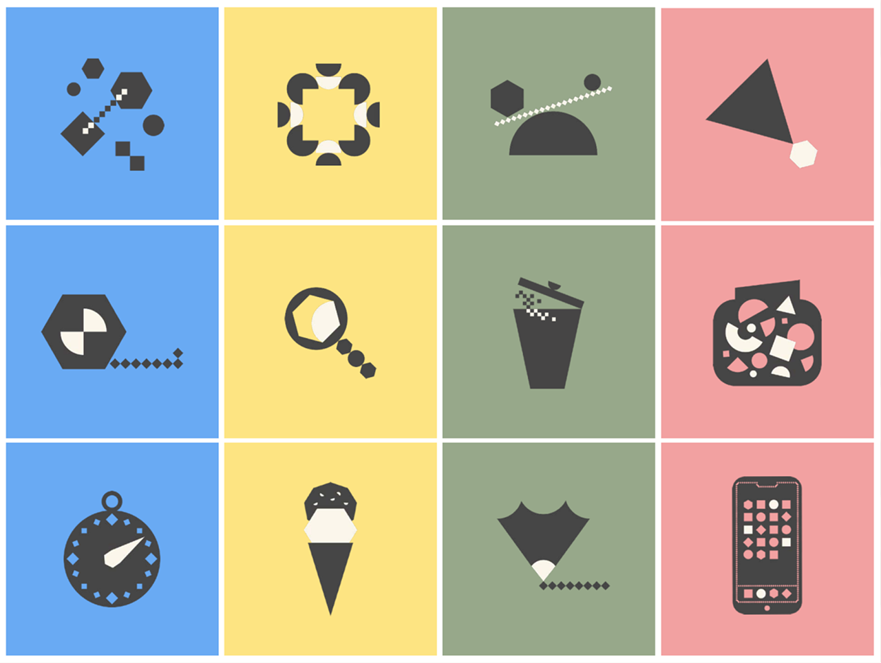 The DBZ pictogram system – a grid of geometric marks built from one family of shapes.