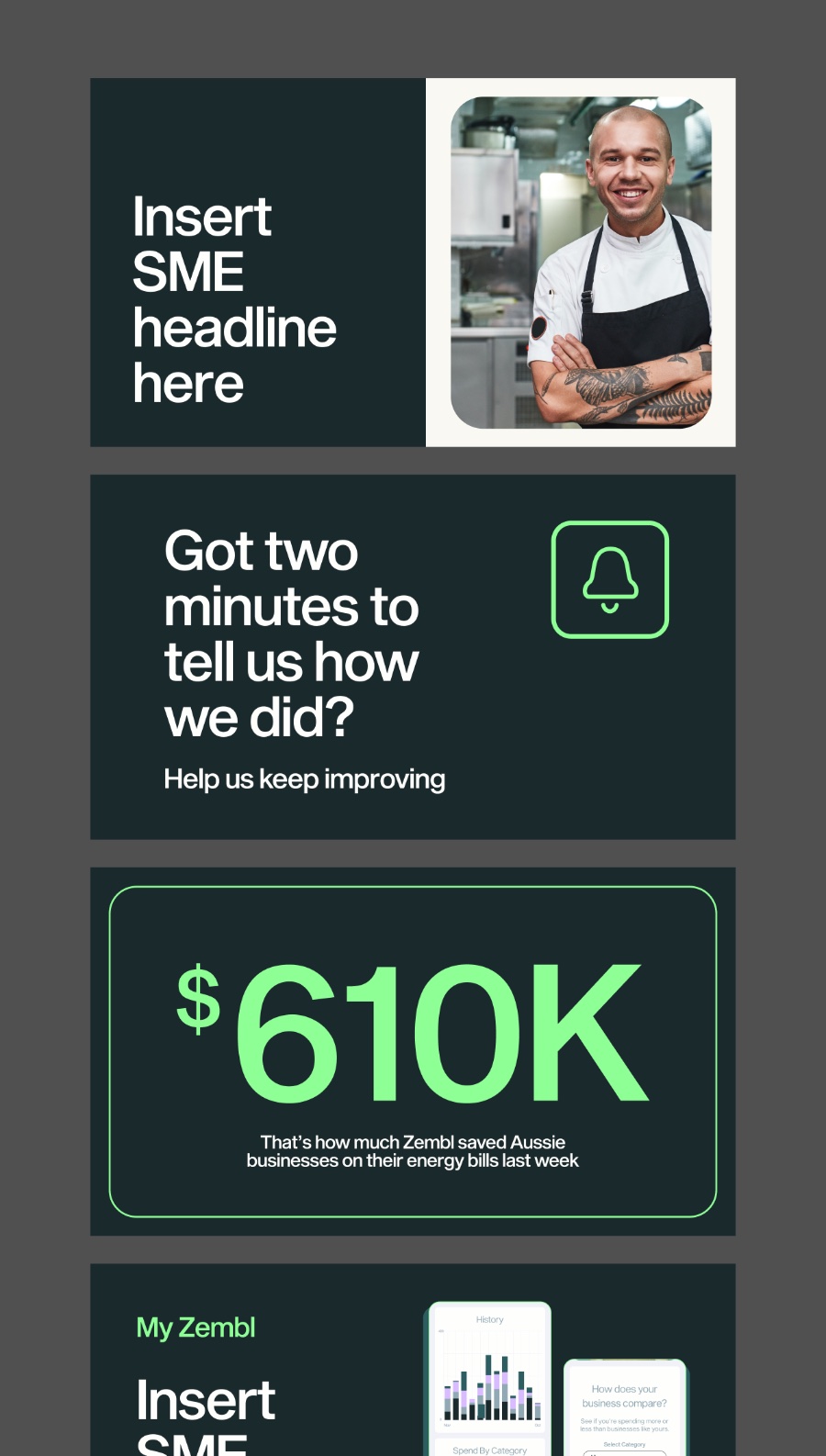 Zembl communications templates – modular SME layouts with headline, stat and image blocks