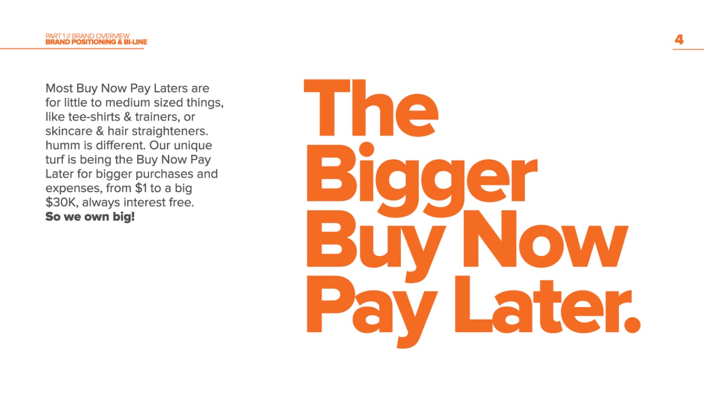 humm brand guidelines hero spread – 'The Bigger Buy Now Pay Later'.